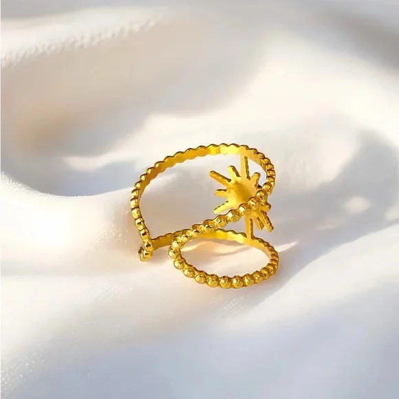 Stainless Steel Gold Tone Sunburst Adjustable Ring (R42) - Picture 5 of 10